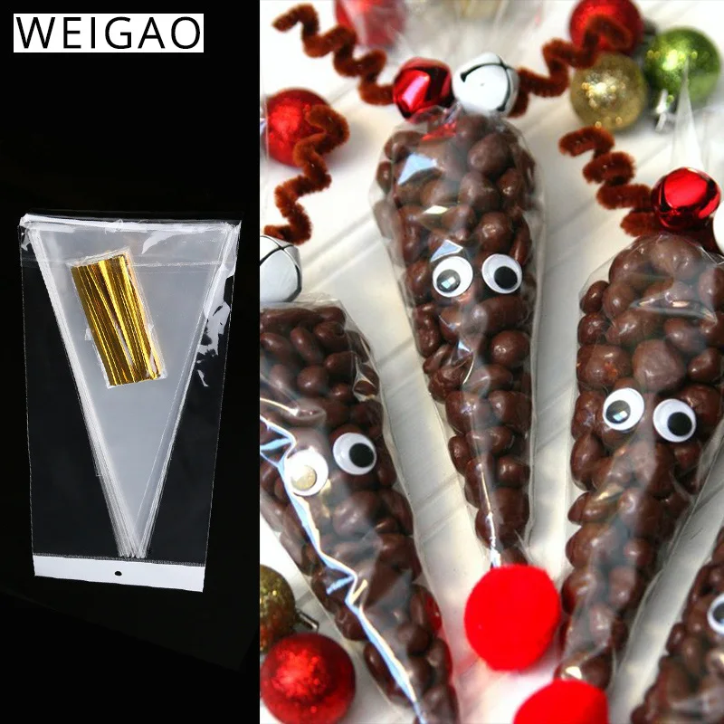 

50Pcs Clear Cello Treat Bags Cone Goody Bags with Twist Ties for Candy Handmade Cookies Christmas Decoation for Home Sweets Bags