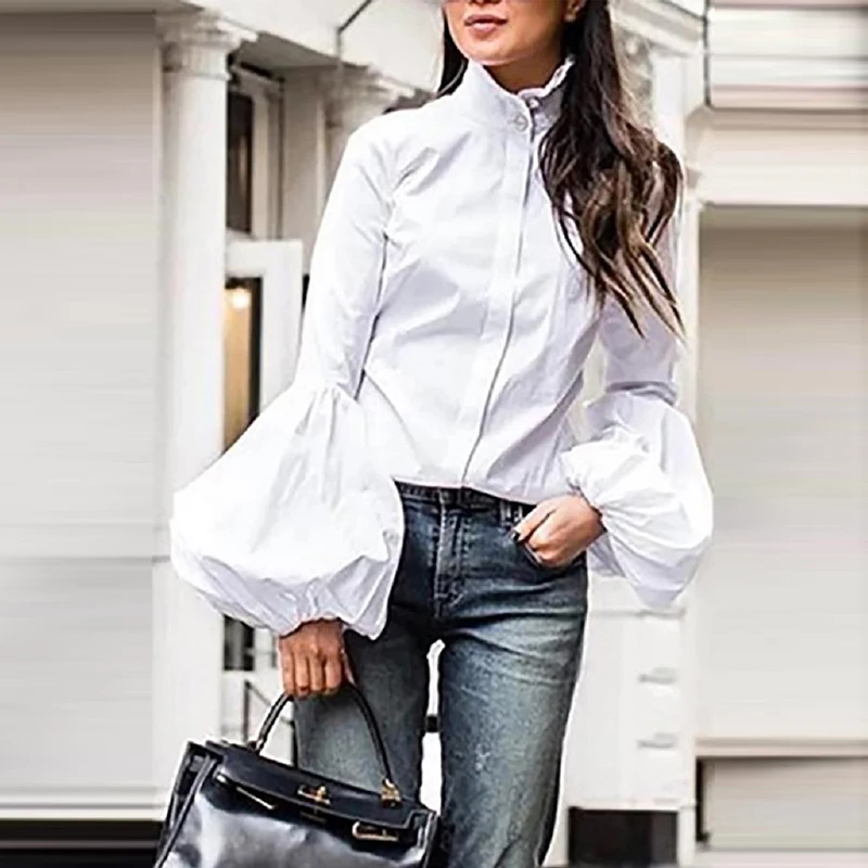 Women Blouse Long Sleeve Leisure Blouse Turtleneck Blouses Lantern Sleeve Solid Office Shirt Lady Fashion Female Blouse Shirt