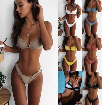 

2020 women's hot style split bikini, personality solid color v-neck check print bikini, sexy split bikini set