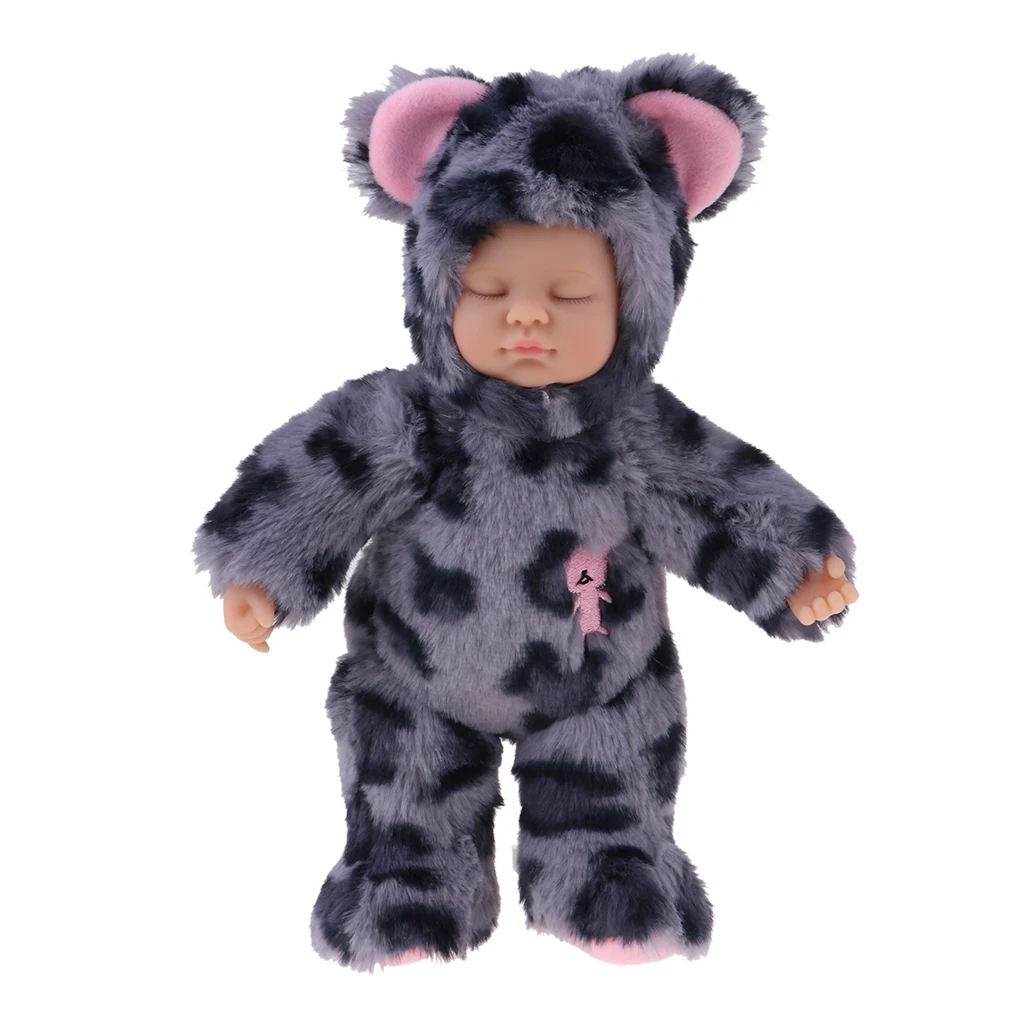 25cm Leopard Print Simulation Reborn Baby Closed Eyes Lifelike Silicone Educational Toys for Girls Sleeping Doll (Dark Gray)