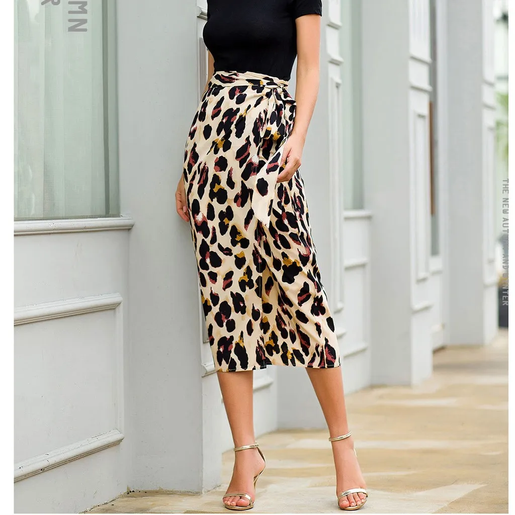 

MUQGEW Waist Knot Leopard Print Elegant Skirt Women Clothes Mid-Calf Ladies Skirts Womens Casual Clothing 2019 Midi Skirt#y4