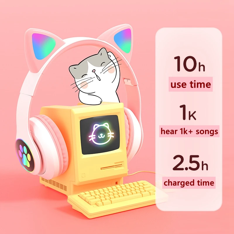 Glowing Light Cute Cat Bluetooth Kid Headphone with Mic Can Close LED Girls Music Bass Helmet Phone Tablet Wireless Headset Gift