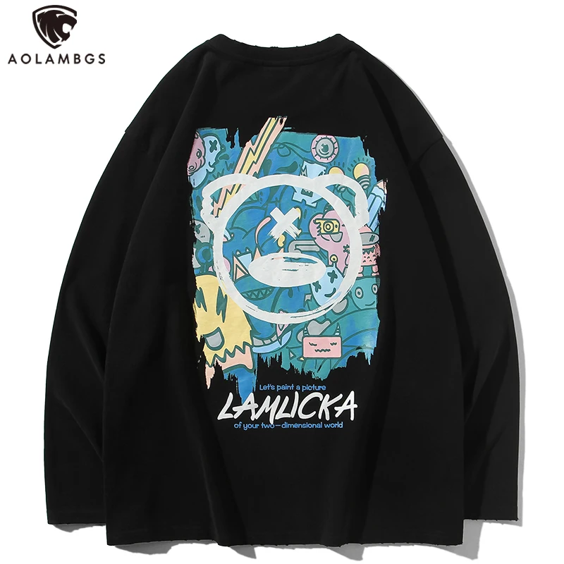 

Aolamegs Autumn Long Sleeve Sweatshirts Men Harajuku Pullover Couple Youthful Vitality Streetwear Bear Print Casual Top Tees