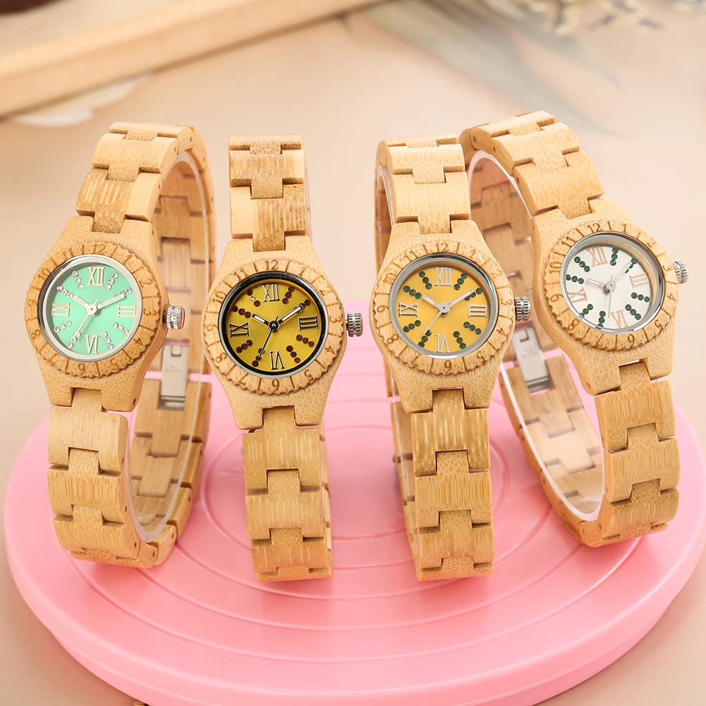 Crystal Polish Dial Women Slim Watch Wood Clock Casual Adjustable Quartz Fashion Wooden Bracelet Watch Women's Wrist Reloj Mujer