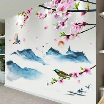 

[shijuekongjiian] Mountain River Wall Stickers DIY Flowers Birds Mural Decals for Living Room Bedroom House Decoration