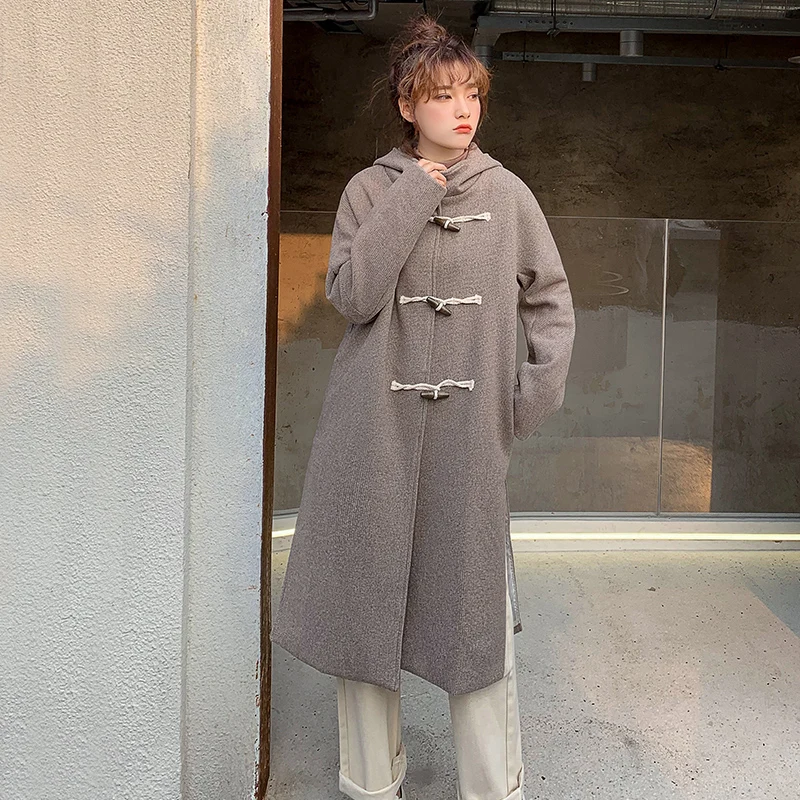 Зимнее новое шерстяное пальто, женское длинное стильное пальто, винтажное студенческое пальто с капюшоном и роговыми пуговицами, пальто с разрезом по бокам, корейское пальто
