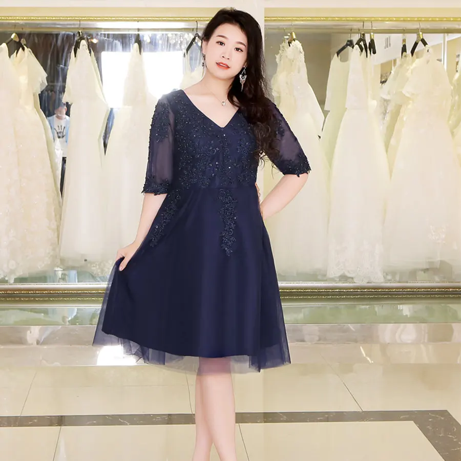 V-Neck Prom Dresses A-line Vestidos De Gala Plus Size DX055 Navy Blue Dresses Women Party Night Half Sleeve Short Prom Gown
