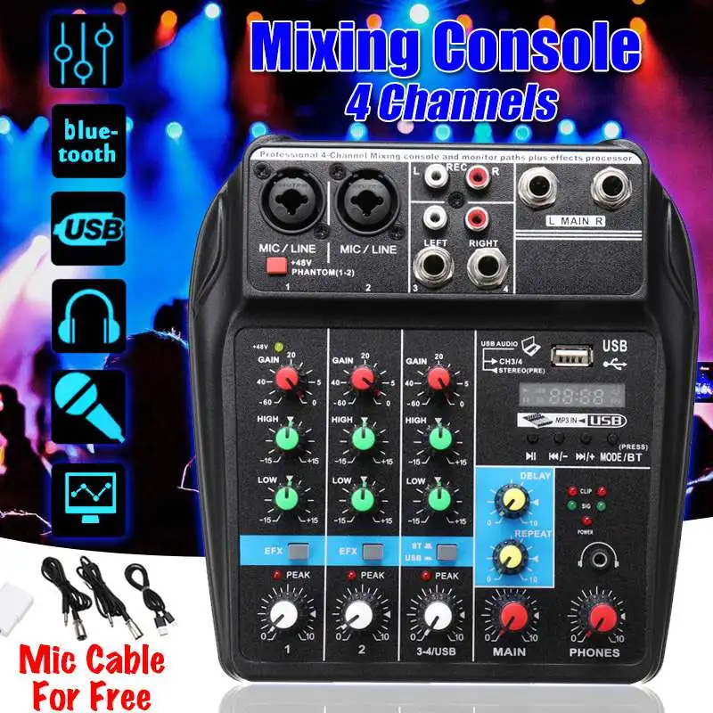 A4 Sound Mixing Console bluetooth USB Record Computer Playback 48V Phantom Power Delay Repaeat Effect 4 Channels USB Audio Mixer