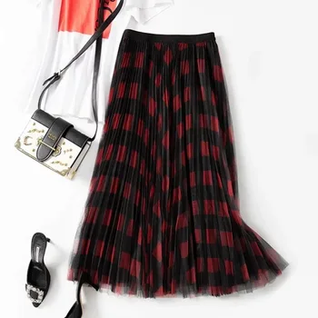 

Women Skirt New British Plaid Contrast Mesh Midi Skirt