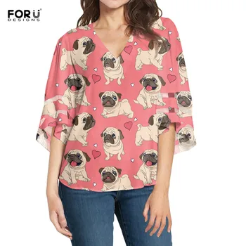 

FORUDESIGNS Cute Pug Dog Women Chiffon Blouses Lace Patchwork Flared Sleeves Fashion Blouses Loose V-neck Girls Tops Soft Shirts