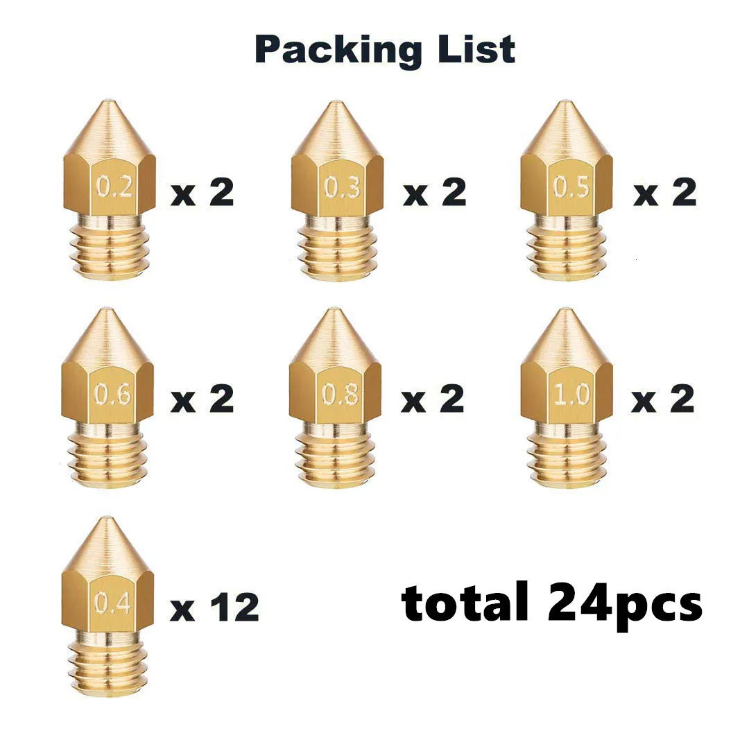 24 шт. 3D сопла для принтера MK8 экструдер насадки 0,2 мм 0,3 мм 0,4 мм 0,5 мм 0,6 мм 0,8 мм 1,0 мм для Makerbot Creality CR10 Эндер 3 5