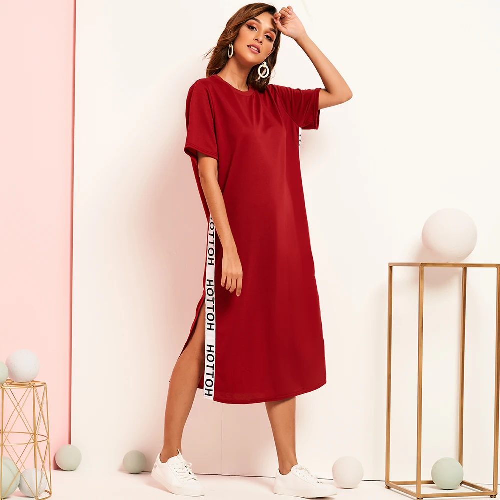 New Summer Women's Long Dress Burgundy Red Fashion Ribbon Slit High Waist Letter Print O-Neck Knee-length Short-sleeved Dresses | Женская