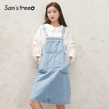 

SAM'S TREE Blue Solid Pocket Overalls Dress Women 2020 Spring White New Elegant Sleeveless Casual Office Ladies Daily Dress