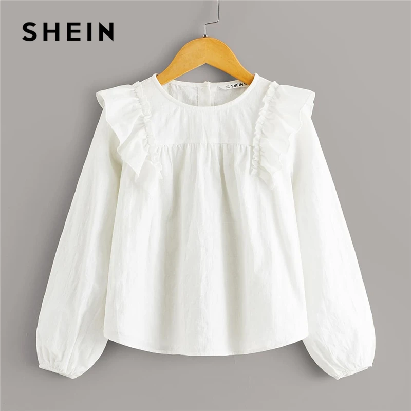 

SHEIN Kiddie Girls White Ruffle Front Cute Blouse Kids Tops 2020 Spring Bishop Sleeve Buttoned Back Solid Frill Children Blouses