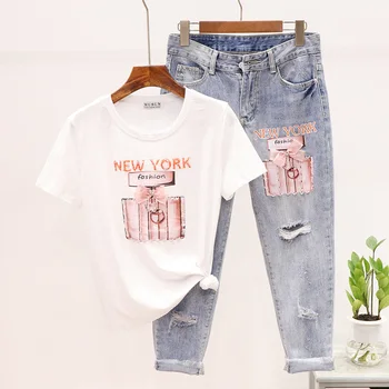 

2020 Spring Female T-shirt Fashion Beaded Perfume Bottle Print T shirt + Hole Nine Points Jeans Two Piece Set Women Tops D3523