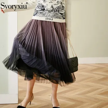 

Svoryxiu 2020 Designer Spring Summer Ombre Mesh Pleated Skirt Women's Fashion High Waist Long Skirt Female
