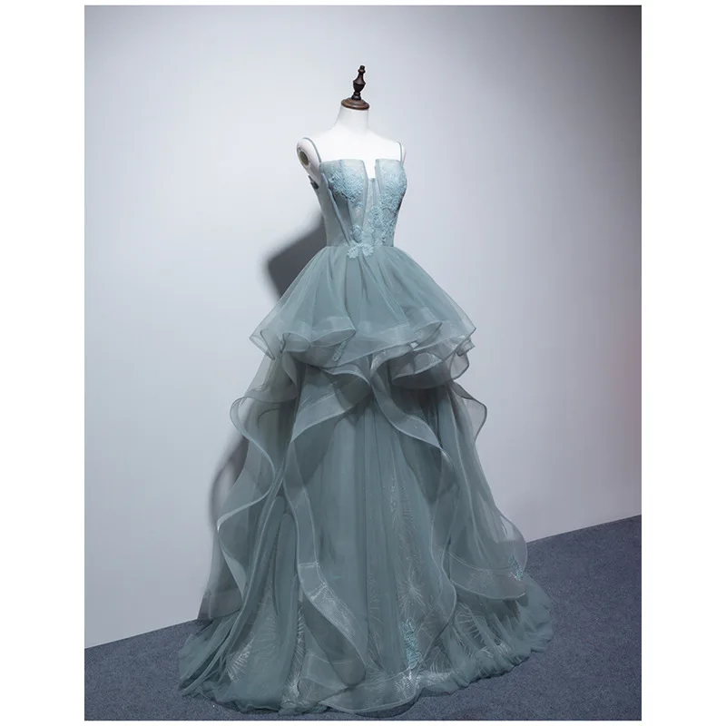 

Elegant Spaghetti Strap Prom Dresses Boat Neck Appliques Organza Irregular Ruched Lace Ball Gown Women Party Dress Elegant