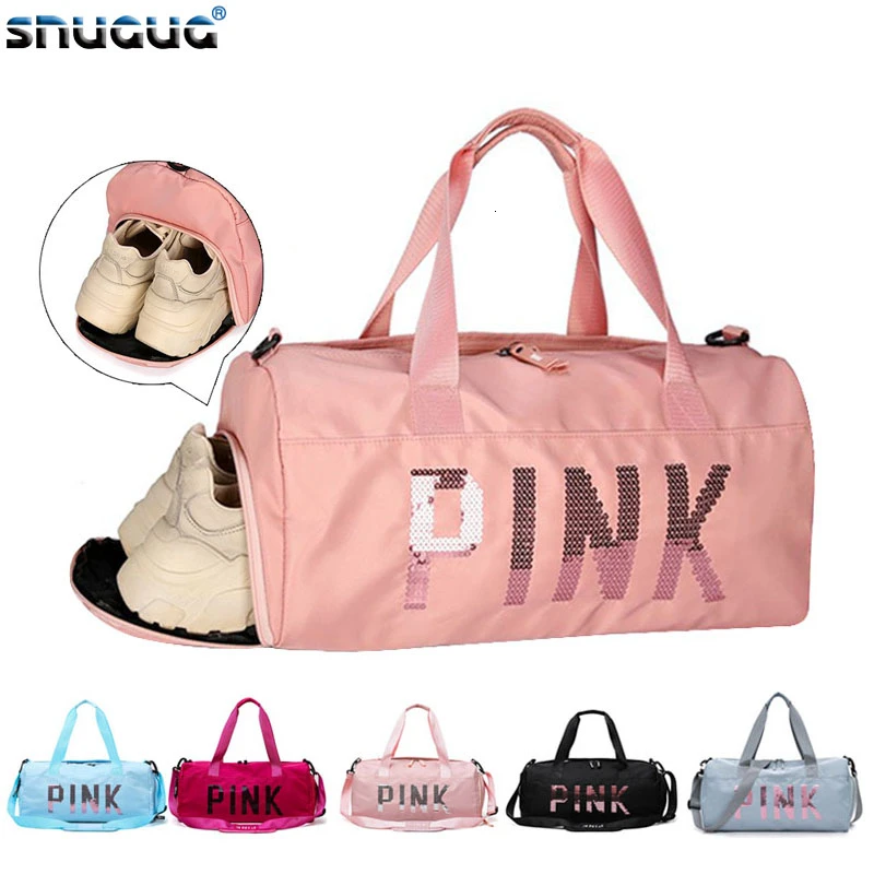 Goede Pailletten Ontwerp Roze Sport Tas Schoen Compartiment Waterdichte Sporttas Vrouwen Fitness Paar Reizen Handtas Voor Schouder Crossbody Tas