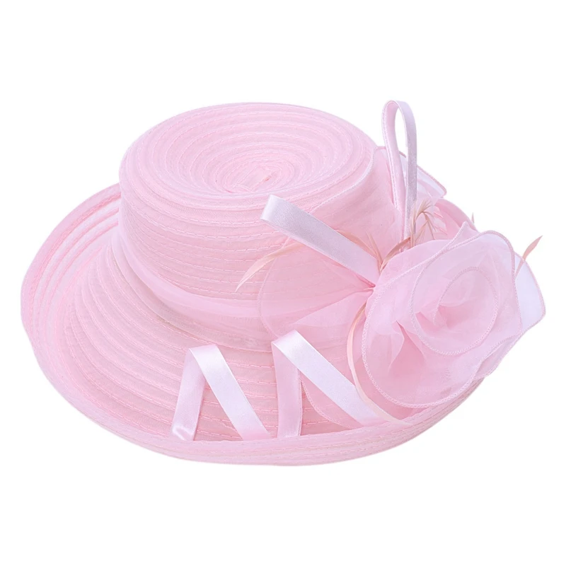 Light Pink Модная женская сетчатая церковная шляпа с цветочным принтом, летняя кепка с широкими полями, шляпы для свадебной вечеринки, Пляжная солнцезащитная Кепка s - Цвет: Light Pink