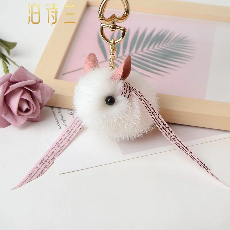 

PTSLAN Genuine Real Mink Fur Key Chains Bag Charms Key Ring Trinket Pompom Rabbit