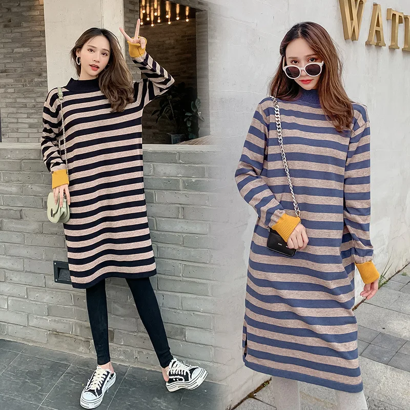 

2019 Autumn And Winter Large Size New Style Mid-length Long Sleeve Loose-Fit Dress Korean-style Pregnant WOMEN'S Knitting Dress