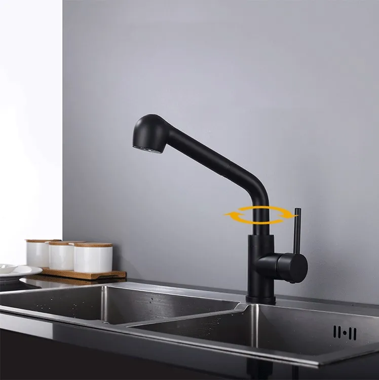 Solid brass black kitchen faucet Rotatable pull out cold hot water mixer faucet with two functions spray top quality