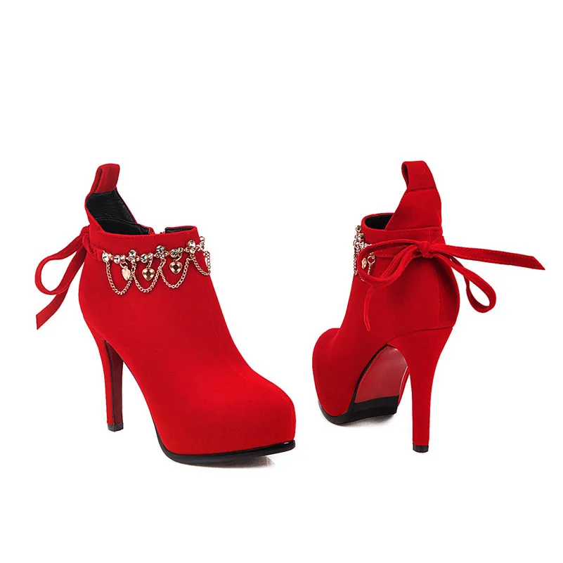ANNYMOLI/осенние ботильоны женские полусапожки на молнии на тонком каблуке пикантная обувь на очень высоком каблуке с бантом женские зимние красные Большие размеры 33-43 - Цвет: Красный