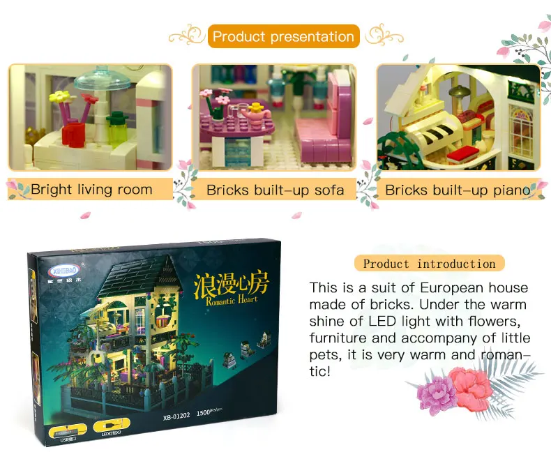 DHL 01202, китайские строительные игрушки MOC, набор романтических сердец с USB светильник, строительные блоки, кирпичи, детские рождественские игрушки в подарок