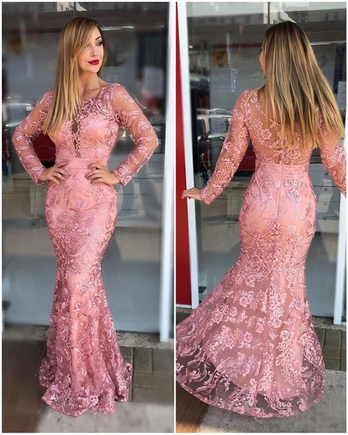 

Mermaid Pink Lace Evening Dresses Dubai Style Long Sleeves Prom Party Gowns For Women Vestido de noche