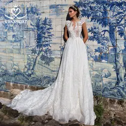 Изысканное свадебное платье с бисером, юбка-лебедка, I225, с аппликацией, кружевное, а-силуэт, без рукавов, со шлейфом, принцесса, свадебное