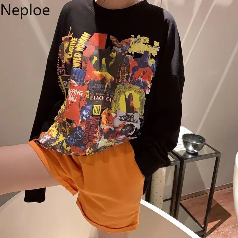Женские толстовки Neploe с принтом из мультфильма, повседневные толстовки с круглым вырезом и длинным рукавом, свободные хлопковые женские топы 80443