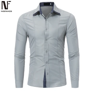 

Fashion Double Collar Male Shirts Long Blouse Solid Color Autumn New Slim Tops 3XL Young Man Club Wear Blusa High Quality 2020
