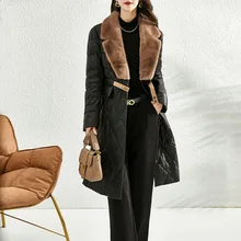 

Black High Quality Genuine Leather Down Jacket Women Long Slim Sheepskin Mink Fur Collar 2021 Winter New Leather Clothing