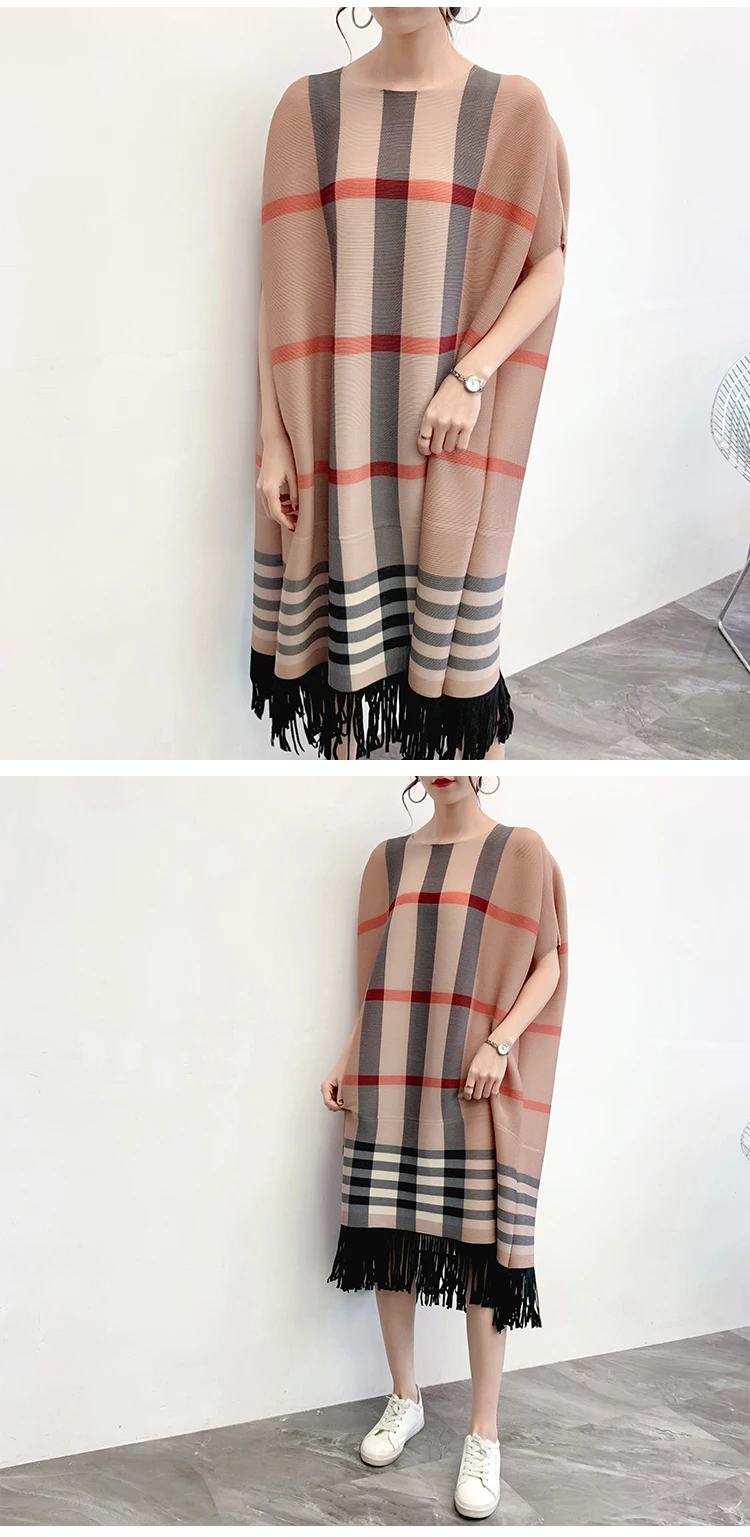 Горячая Miyake модное складное платье с коротким рукавом и О-образным вырезом, свободное платье с кисточками