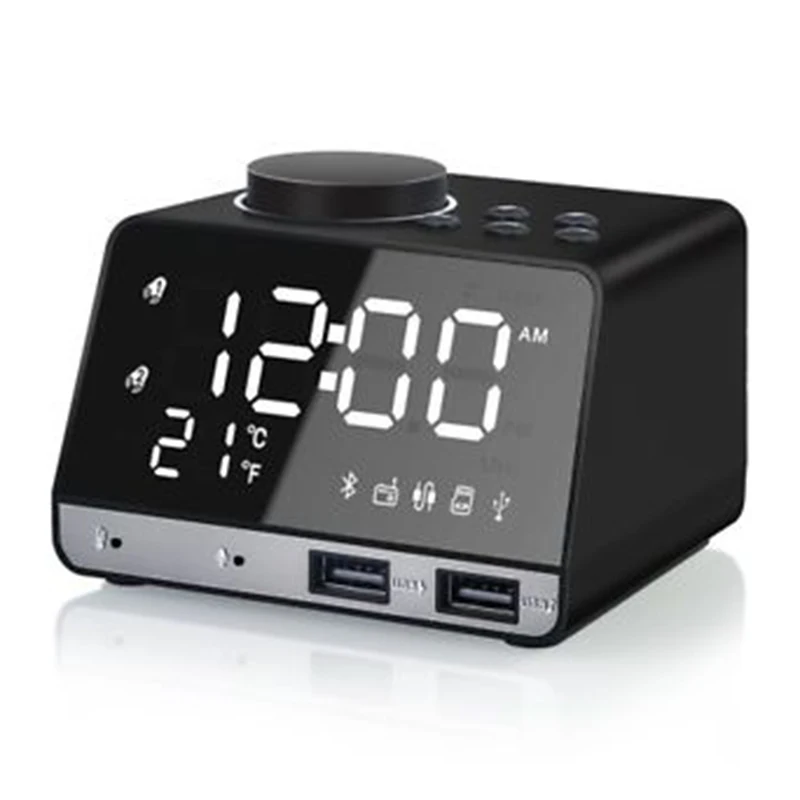 

Wireless Bluetooth Bass Speaker FM Radio Mirror LED Dual Alarm Clock USB Charger(Black,EU Plug)