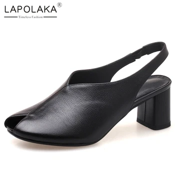 

Lapolaka Hot Design 2020 Genuine Cow Leather Square Heels Summer Sandals Woman Shoes Slip On Concise Hot Shoes Women Sandals