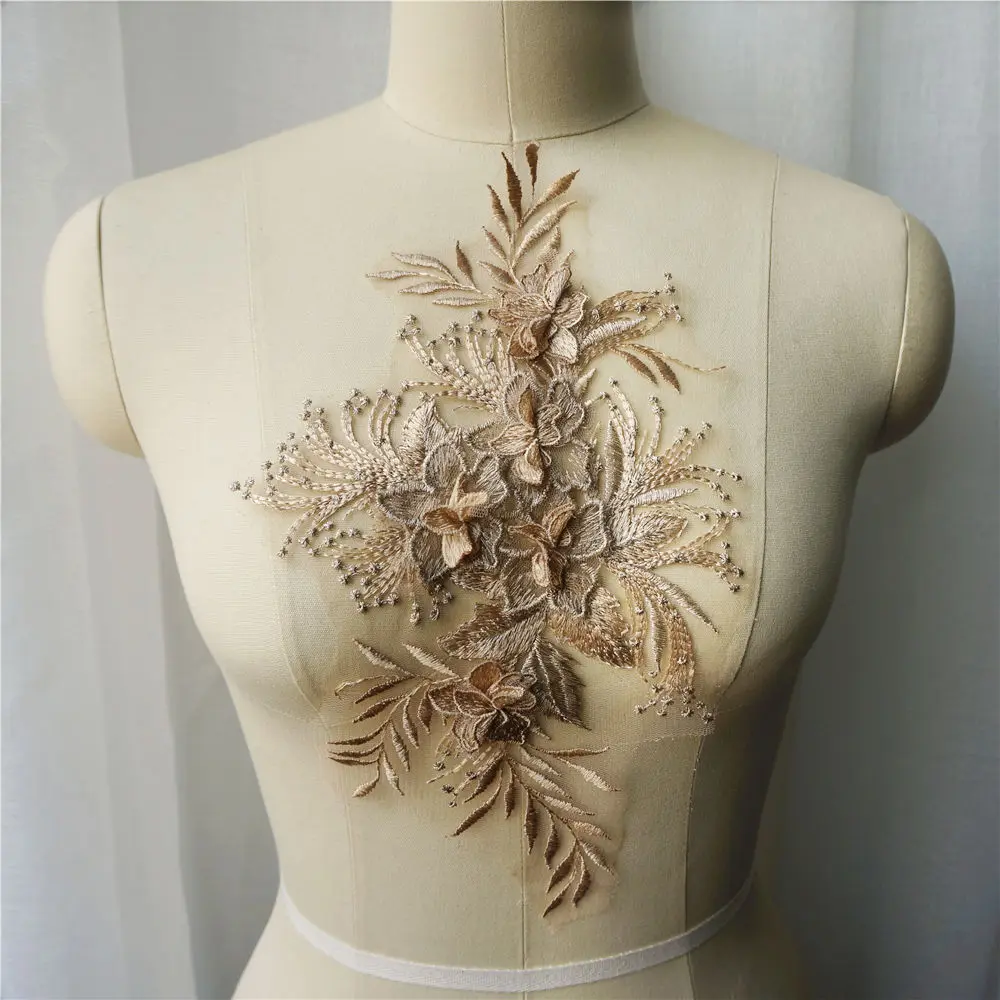 

Light Brown Lace Fabric 3D Flower Tassel Wedding Gown Appliques Embroidered Collar Mesh Sew Patch For Dress DIY Decoration