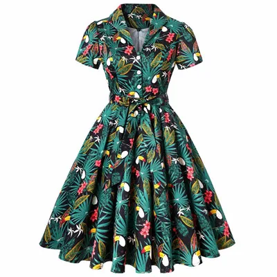 Попугай животных печатный пальмовый цветок 50s 60s винтажное платье плюс размер цветочный хлопок туника для женщин дамы качели рокабилли платья - Цвет: 2