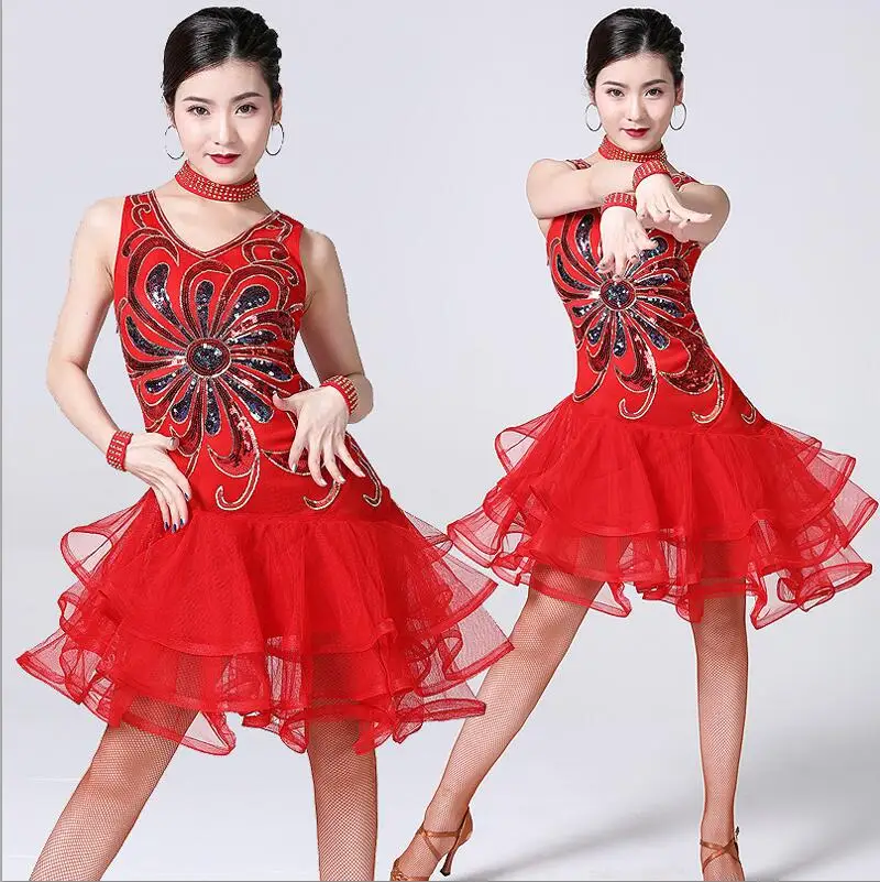 Latin Dance Costumes Competition Suits Sequin Square Dance Skirt Modern Dance Performance Clothing Mesh Dance Dress - Цвет: Red