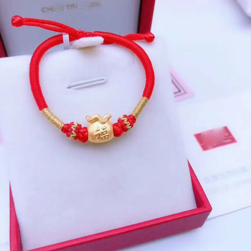 Pure 24k Yellow Gold Bracelet Women 3D Luck Wealth Fu Bag Weave Bracelet 6.3inchL
