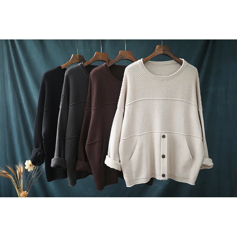 Большие размеры осенние модные вязаные свитера женские s коричневые пуловеры однотонный джемпер женская одежда длинный рукав более размер d AA216S30