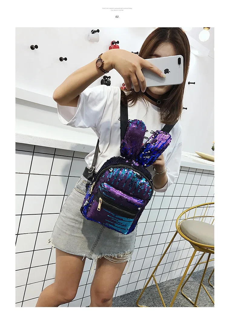 Backpack Student Sequins Rabbit Ears Bag Women Girls Backpacks Rucksack For Teenager Cartoon Cute Schoolbags Travel Backpack