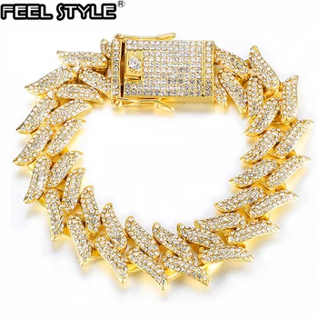 

Hip Hop 19MM Bling AAA+ Iced Out Alloy Rhinestones Thorns Cuban Link Chain Bracelet For Men Jewelry