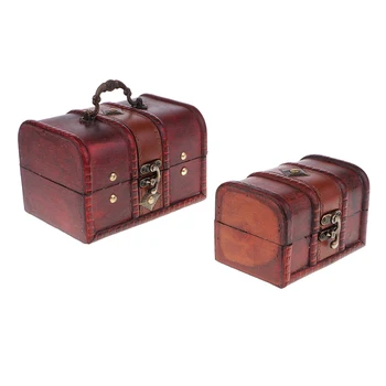 

2PCS Vintage Metal Lock Jewelry Box w/ Flower Design Wooden Storage Case