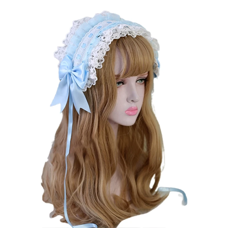 Lolita Ruffled Headband Sweet Star Embroidery Lace Ribbon Bow Hairband with Hairpins Anime Maid Cosplay Headdress witch costume women Cosplay Costumes