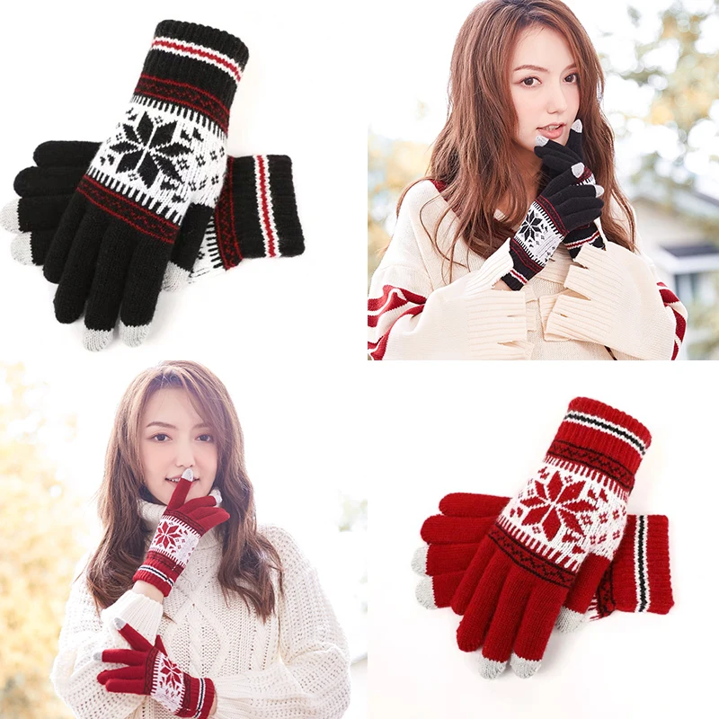 M MISM Winter Female Touch Screen Gloves Wool Knitted Wrist Women Snowflake Pattern Full Finger Unisex Mittens | Аксессуары для