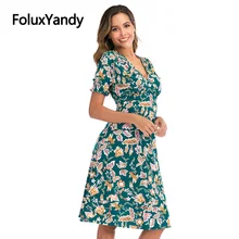 FoluxYandy – robe trapèze en mousseline de soie, mi mollet, col en V, manches courtes, taille haute, mi longue, plage, été