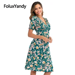 Foluxyandy a linha vestido boêmio feminino meados de bezerro v pescoço manga curta cintura alta midi praia verão chiffon vestidos ywnj25