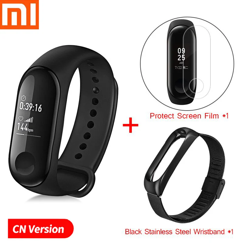 Add Steel Strap Xiaomi mi-браслет 3 Смарт-Браслет фитнес-браслет PK mi Band 4 большой сенсорный экран oled-сообщение частота сердечных сокращений Smartband - Цвет: Add Steel Strap