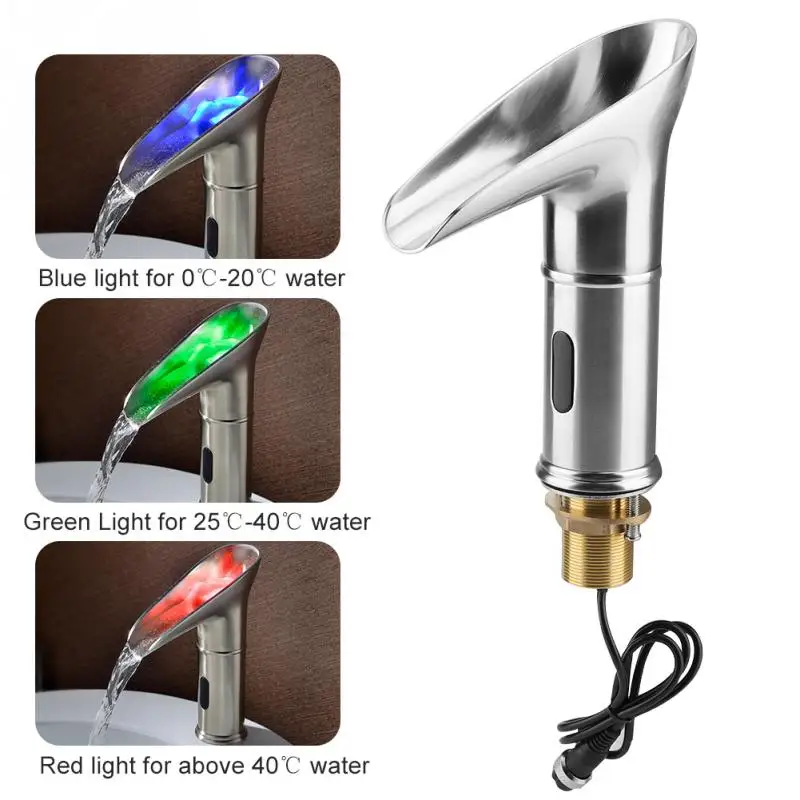 

Water Saving Led Light Basin Faucet Automatic Bathroom Basin Hot Cold Mixer Taps Waterfall Sensor Faucet Sink Activate Automatic